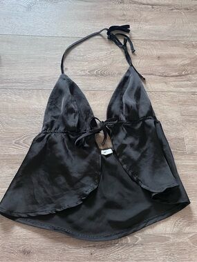 Garage Black Satin Halter Tie-Front Women's Top